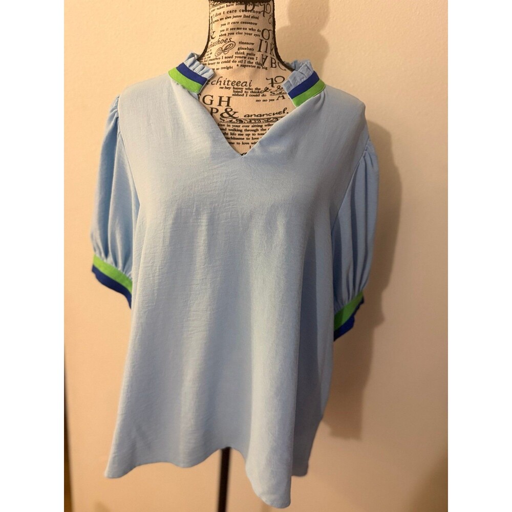 JODIFL Vintage 70’s style Light Blue Puff Sleeve V-Neck Blouse Size L
